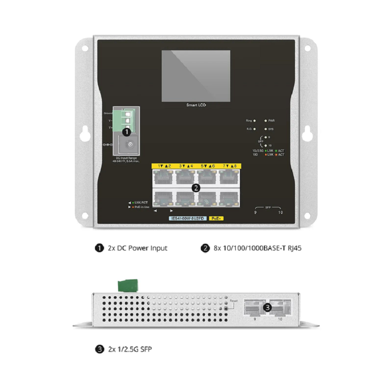 IES4100W-8U2FD, 8-Port Gigabit Ethernet L2+ Managed Industrial PoE+ Switch, 8 x PoE+ Ports@240W, with 2 x 1/2.5Gb SFP, -20 to 70Â°C Operating Temperature