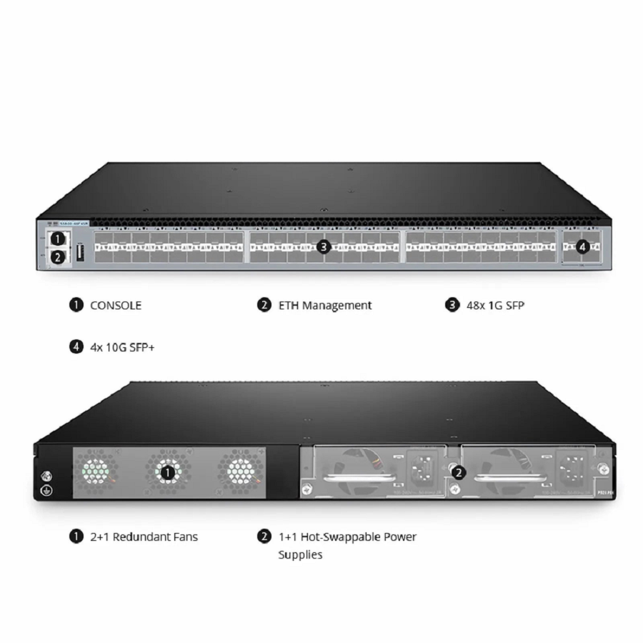 S5800-48F4SR, 48-Port Gigabit Ethernet L3 Switch, 48 x 1Gb SFP, with 4 x 10Gb SFP+, Support MPLS&MLAG