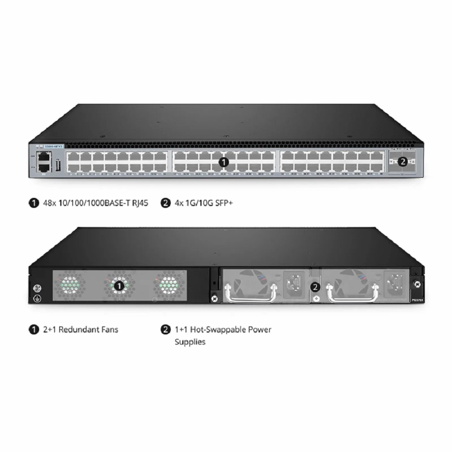 S5800-48T4S, 48-Port Gigabit Ethernet L3 Switch, 48 x Gigabit RJ45, with 4 x 10Gb SFP+, Support MLAG