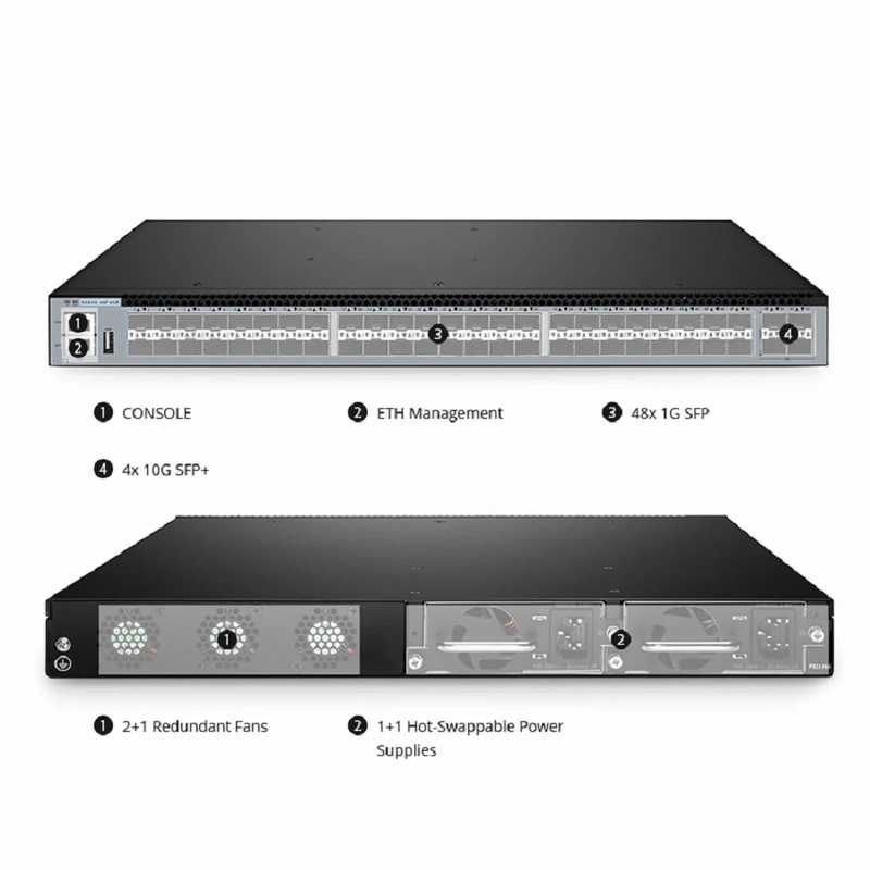 S5800-48F4SR, 48-Port Gigabit Ethernet L3 Switch, 48 x 1Gb SFP, with 4 x 10Gb SFP+, Support MPLS&MLAG