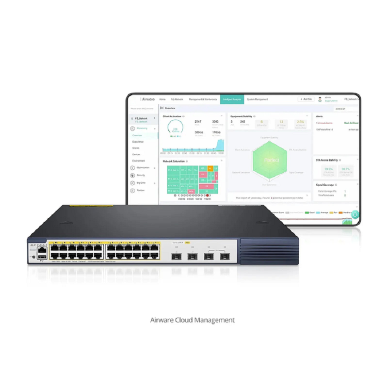 S3410-24TF-P, 24-Port Ethernet L2+ PoE+ Switch, 24 x PoE+ Ports @370W, with 4 x 1Gb SFP Uplinks, Stackable Switch, Broadcom Chip