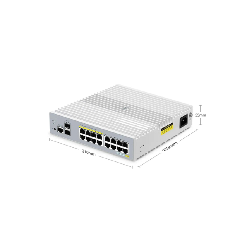 S3100-16TF-P, 16-Port Gigabit Ethernet L2+ PoE+ Switch, 8 x PoE+ Ports@125W, 8 x 1Gb RJ45, with 2 x 1Gb SFP Uplinks, Broadcom Chip, Fanless