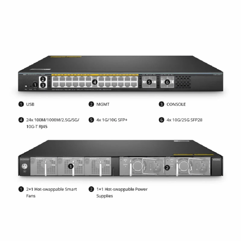 S5860-24XB-U, 24-Port Ethernet L3 PoE++ Switch, 24 x 10GBASE-T/Multi-Gigabit, 4 x 10Gb SFP+, with 4 x 25Gb SFP28 Uplinks, Support Stacking, Broadcom Chip
