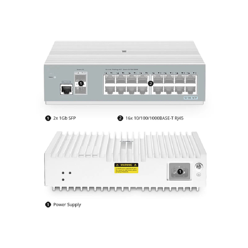 S3100-16TF, 16-Port Gigabit Ethernet L2+ Switch, 16 x 1Gb RJ45, with 2 x 1Gb SFP Uplinks, Broadcom Chip, Fanless
