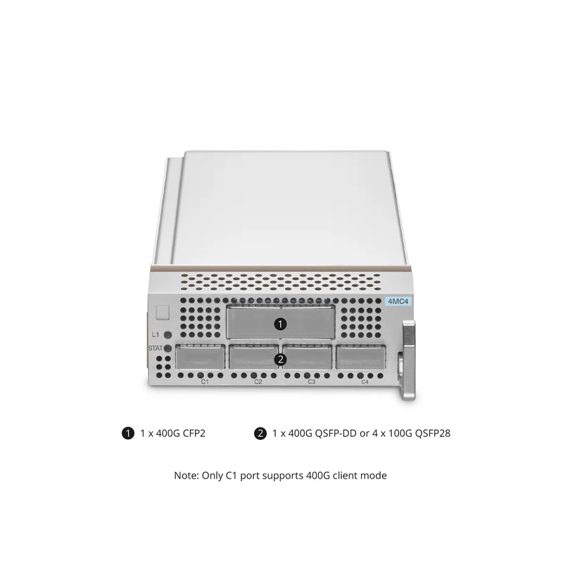 D7000 4MC4, 1 x 400G QSFP-DD or 4 x 100G QSFP28 to 1 x 400G CFP2 OTN Muxponder for D7000 Managed Chassis