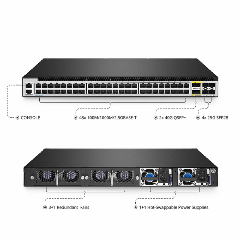 S5800-48MBQ, 48-Port Ethernet L3 Switch, 48 x 100M/1000M/2.5GBASE-T/Multi-Gigabit, with 4 x 25Gb SFP28 and 2 x 40Gb QSFP+, Support MLAG