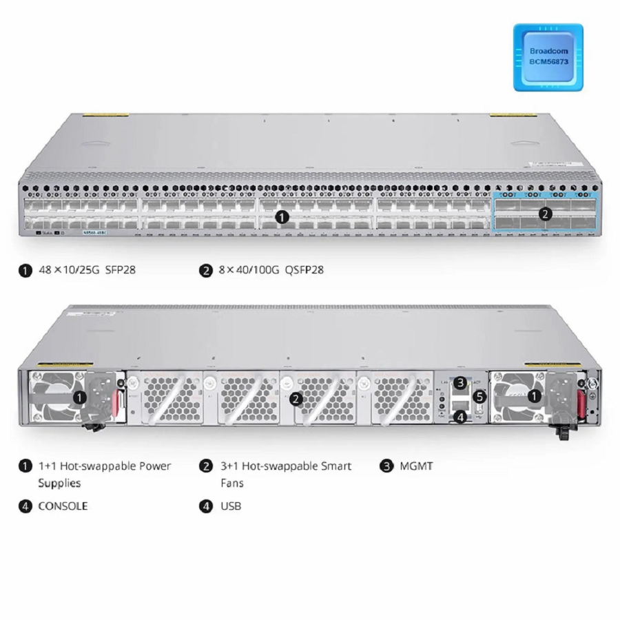 N8560-48BC, 48-Port Ethernet L3 Data Center Switch, 48 x 25Gb SFP28, with 8 x 100Gb QSFP28, Support MLAG/Stacking, Broadcom Chip, Front-to-Back Airflow