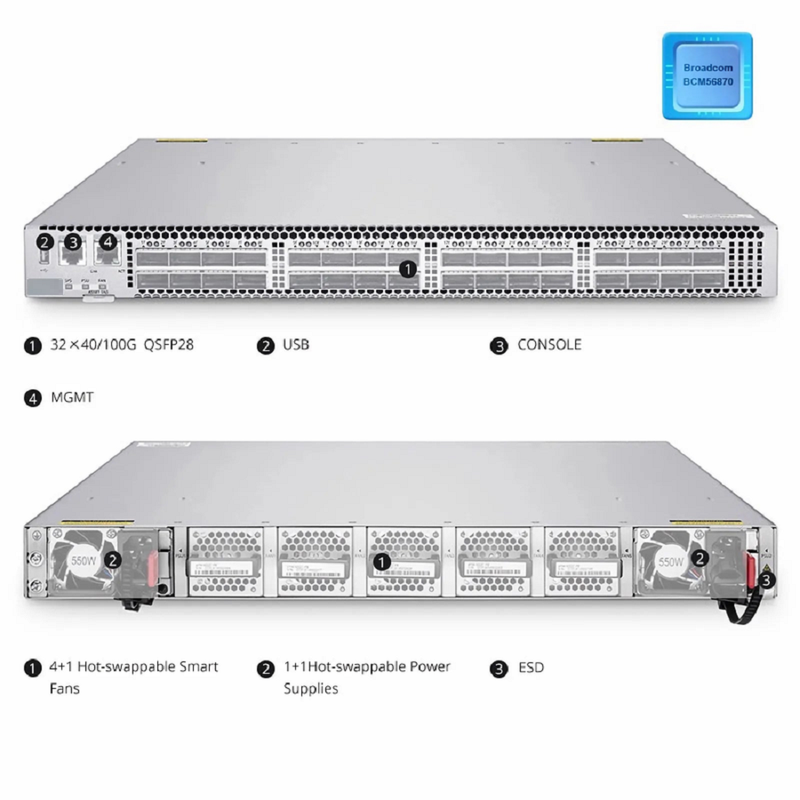 N8560-32C, 32-Port Ethernet L3 Data Center Switch, 32 x 100Gb QSFP28, Support MLAG/Stacking, Broadcom Chip, Front-to-Back Airflow