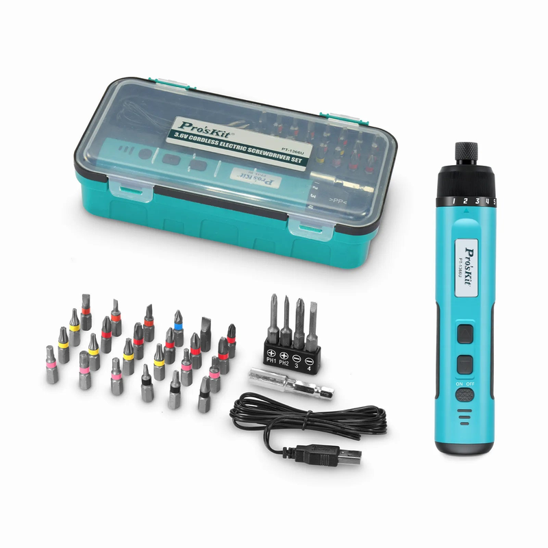 Pro's Kit® 3.6V Cordless Electric Screwdriver with 28 Bits, 1 Bit Holder and 1 USB Cable, 1/4'', 2000mAh Lithium-ion Battery PT-1366U