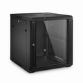 12U GW600-Series 19" 4-Post Black Wall Mount Cabinet with Glass Front Door and 4 Casters
