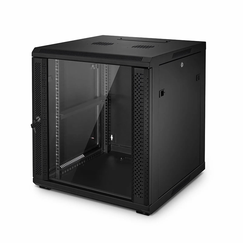 12U GW600-Series 19" 4-Post Black Wall Mount Cabinet with Glass Front Door and 4 Casters