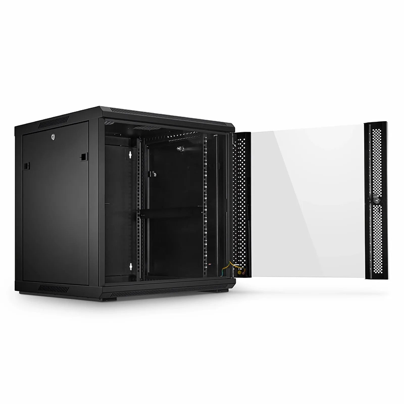 12U GW600-Series 19" 4-Post Black Wall Mount Cabinet with Glass Front Door and 4 Casters