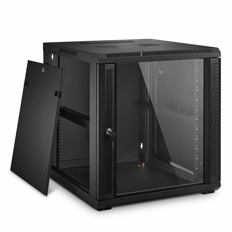 12U GW600-Series 19" 4-Post Black Wall Mount Cabinet with Glass Front Door and 4 Casters