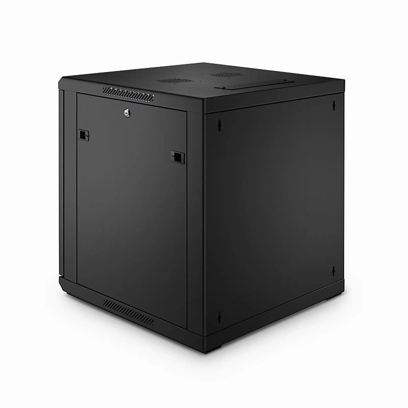 12U GW600-Series 19" 4-Post Black Wall Mount Cabinet with Glass Front Door and 4 Casters