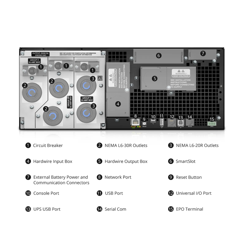 APC Smart-UPS On-line, 6kVA/6kW, 208V, 2 x L6-20R & 3 x L6-30R NEMA Outlets, Network Card & SmartSlot, 2 Replaceable Battery Modules Included, Rack 4U/Tower Convertible