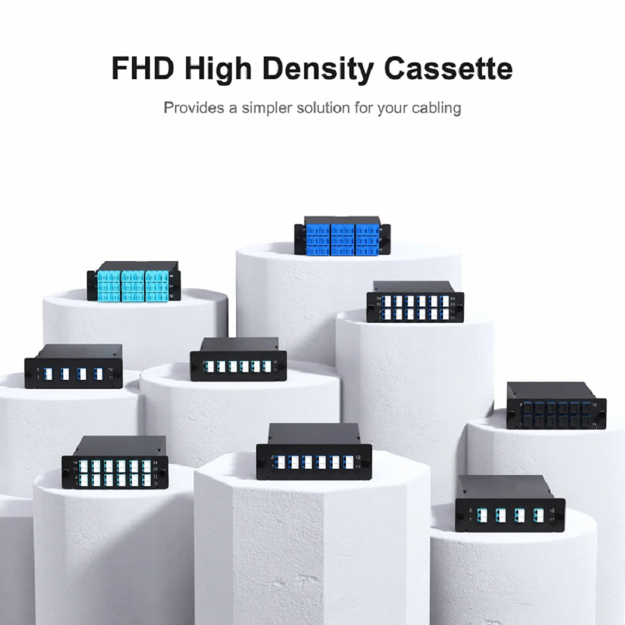 FHD™ MTP®-LC Cassette, OM4 Multimode, Type A, 24 Fibers, MTP®-24 (Male) to 12 x LC Duplex (Aqua), 0.35dB Max.