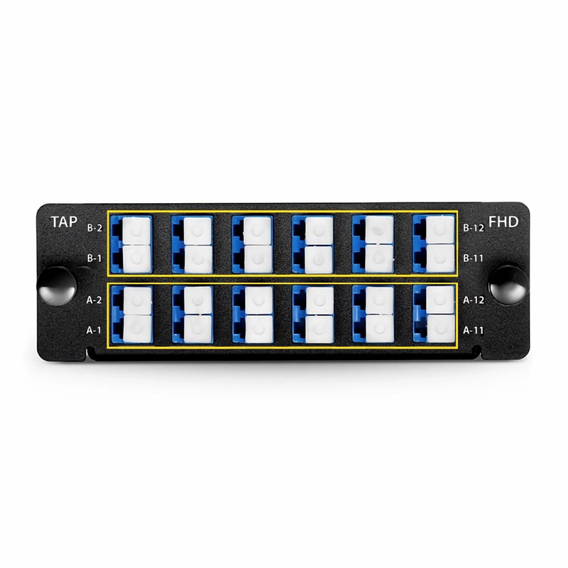 FHD™ MTP®-LC TAP Cassette, OS2 Single Mode, 12 x LC Duplex Live Ports, 2 x MTP®-12 Male Live Ports, 2 x MTP®-12 Male TAP Ports, 70/30 Split Ratio (Live/TAP), 10/40/100G