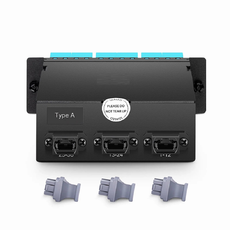 FHD™ MTP®-LC Cassette, OM4 Multimode, Type A, 36 Fibers, 3 x MTP®-12 (Male) to 18 x Shuttered LC Duplex (Aqua), 0.35dB Max.