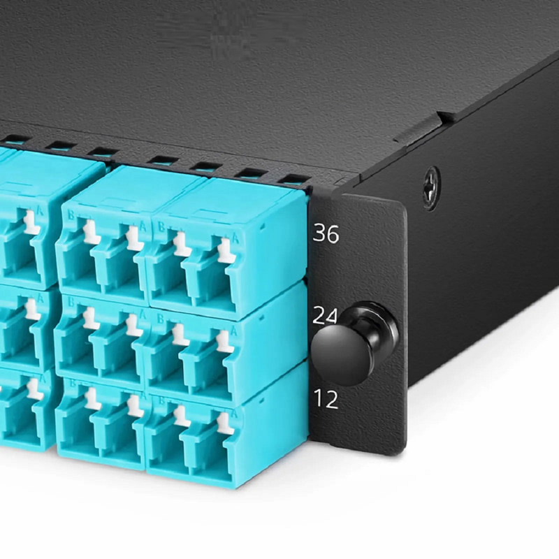 FHD™ MTP®-LC Cassette, OM4 Multimode, Type A, 36 Fibers, 3 x MTP®-12 (Male) to 18 x Shuttered LC Duplex (Aqua), 0.35dB Max.