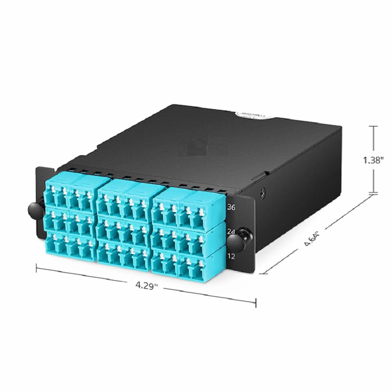 FHD™ MTP®-LC Cassette, OS2 Single Mode, Type AF, 36 Fibers, 3 x MTP®-12 (Male) to 18 x Shuttered LC Duplex (Blue), 0.35dB Max.
