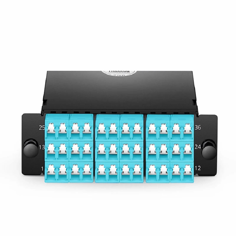 FHD™ MTP®-LC Cassette, OM4 Multimode, Type A, 36 Fibers, 3 x MTP®-12 (Male) to 18 x Shuttered LC Duplex (Aqua), 0.35dB Max.