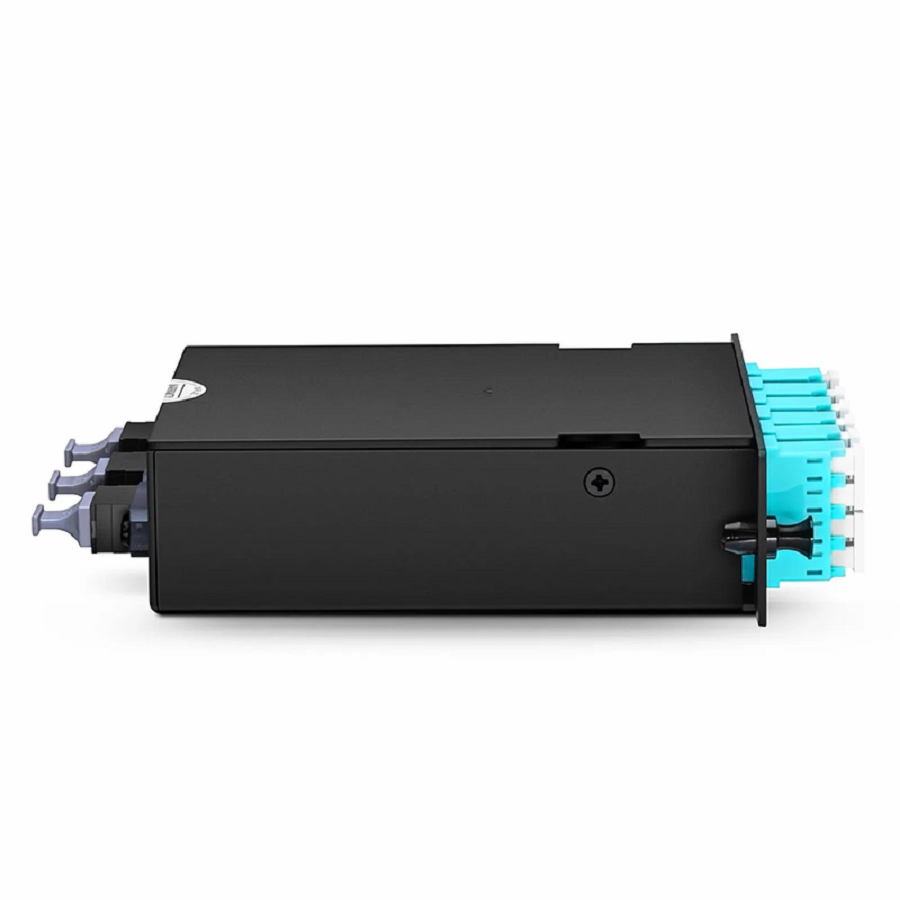FHD™ MTP®-LC Cassette, OM4 Multimode, Universal, 24 Fibers, 3 x MTP®-8 (Male) to 6 x LC Quad (Aqua), 0.35dB Max.