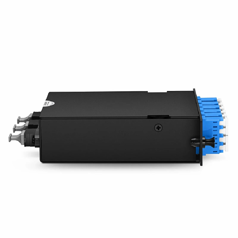 FHD™ MTP®-LC Cassette, OS2 Single Mode, Universal, 24 Fibers, 3 x MTP®-8 (Male) to 6 x LC Quad (Blue), 0.35dB Max.