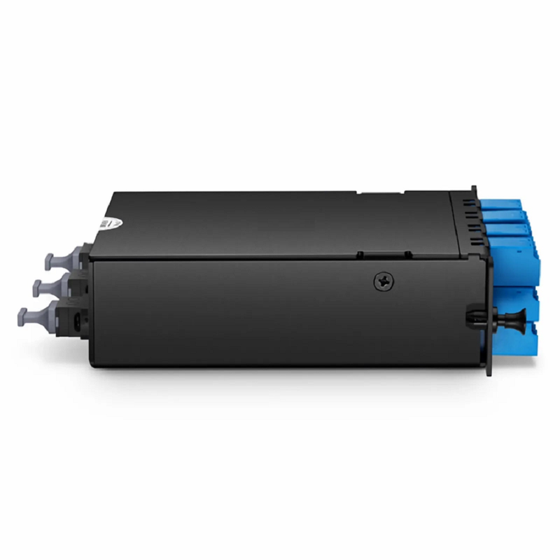 FHD™ MTP®-LC Cassette, OS2 Single Mode, Universal, 24 Fibers, 3 x MTP®-8 (Male) to 12 x Shuttered LC Duplex (Blue), 0.35dB Max.