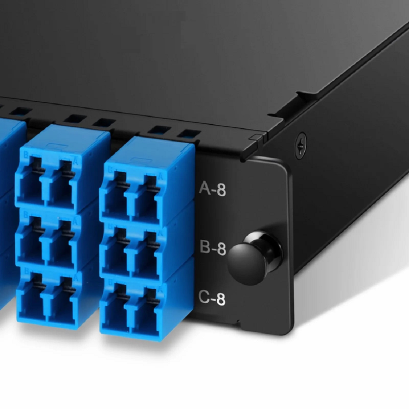FHD™ MTP®-LC Cassette, OM4 Multimode, Universal, 24 Fibers, 3 x MTP®-8 (Male) to 12 x Shuttered LC Duplex (Aqua), 0.35dB Max.