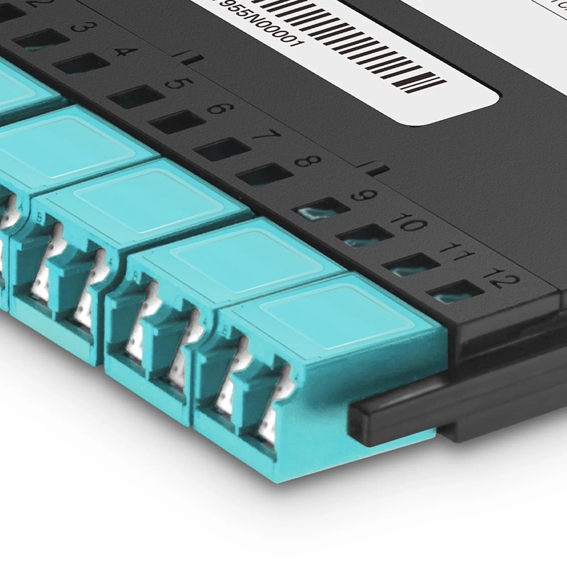 FHX™ MTP®-LC Cassette, OM4 Multimode, Type A, 12 Fibers, MTP®-12 (Male) to 6 x Shuttered LC Duplex (Aqua), 0.35dB Max.