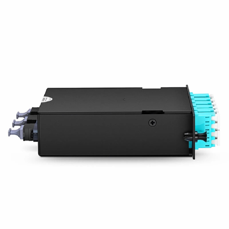 FHD™ MTP®-LC Cassette, OM4 Multimode, Universal, 24 Fibers, 3 x MTP®-8 (Male) to 6 x LC Quad (Aqua), 0.35dB Max.