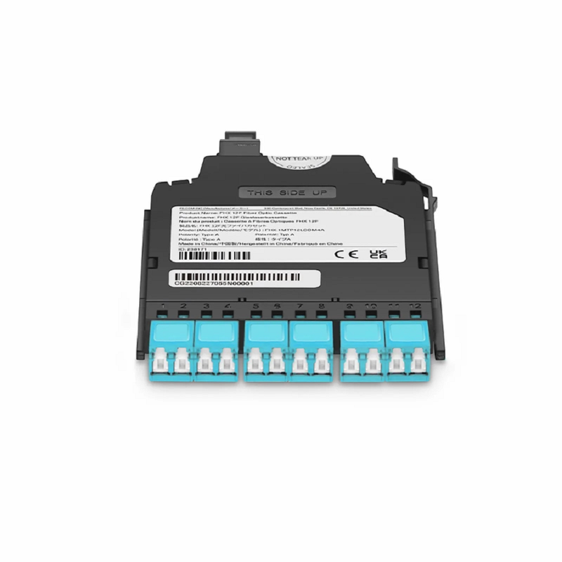 FHX™ MTP®-LC Cassette, OM4 Multimode, Type AF, 12 Fibers, MTP®-12 (Male) to 6 x Shuttered LC Duplex (Aqua), 0.35dB Max.