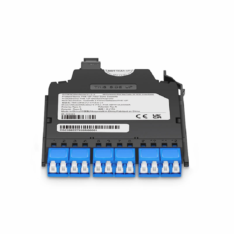 FHX™ MTP®-LC Cassette, OS2 Single Mode, Type AF, 12 Fibers, MTP®-12 (Male) to 6 x Shuttered LC Duplex (Blue), 0.35dB Max.