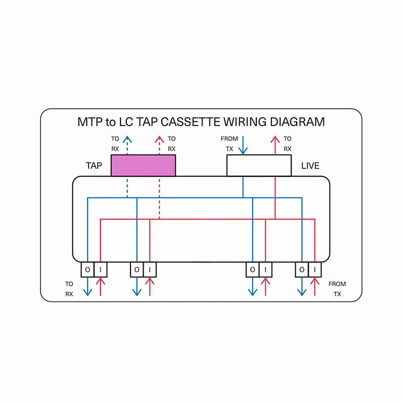 FHD™ MTP®-LC TAP Cassette, OM4 Multimode, 4 x LC Duplex Live Ports, MTP®-8 Male Live Port, MTP®-8 Male TAP Port, 50/50 Split Ratio (Live/TAP), 10/40/100G