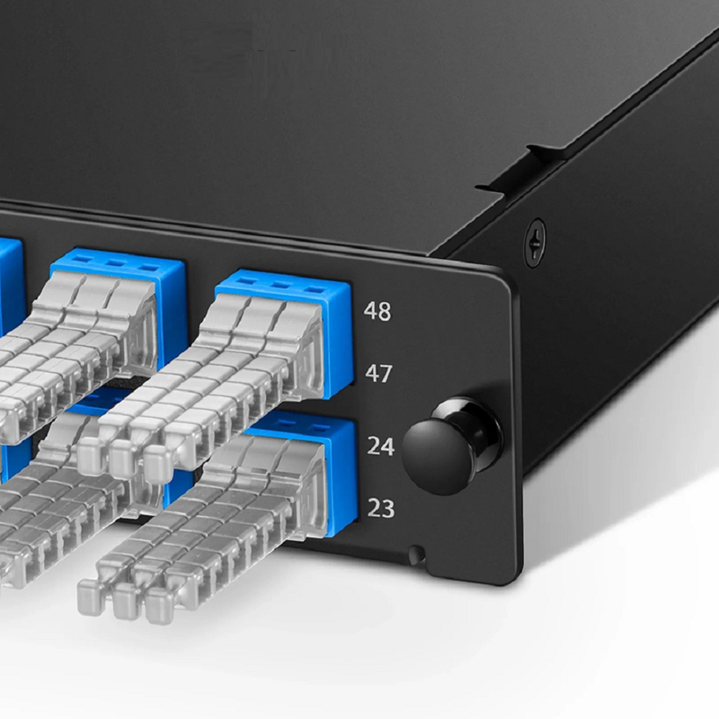 FHD™ MTP®-MDC Cassette, OS2 Single Mode, Type A, 48 Fibers, 4 x MTP®-12 (Male) to 8 x MDC 3-Port Duplex (Blue), 0.35dB Max.