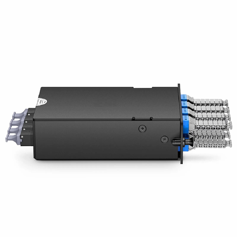 FHD™ MTP®-MDC Cassette, OS2 Single Mode, Type A, 48 Fibers, 4 x MTP®-12 (Male) to 8 x MDC 3-Port Duplex (Blue), 0.35dB Max.