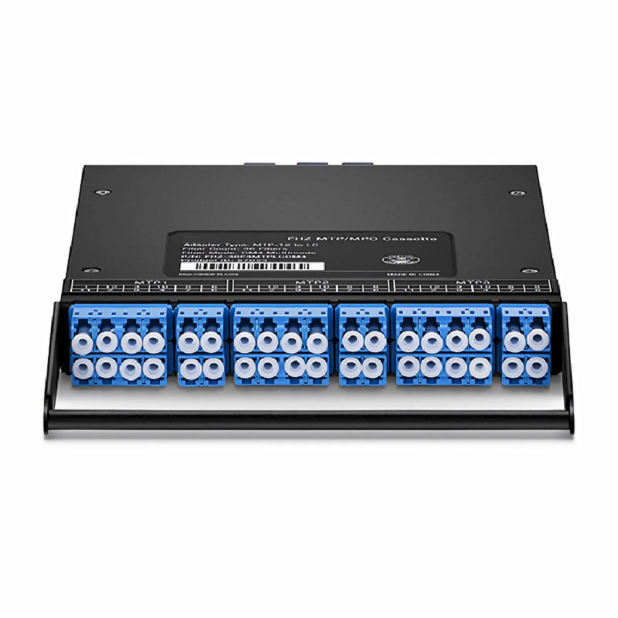 FHZ™ MTP®-LC Cassette, OS2 Singlemode, Universal, 36 Fibers, 3 x MTP®-12 (Male) to 6 x LC Duplex and 6 x LC Quad (Blue), 0.35dB Max.
