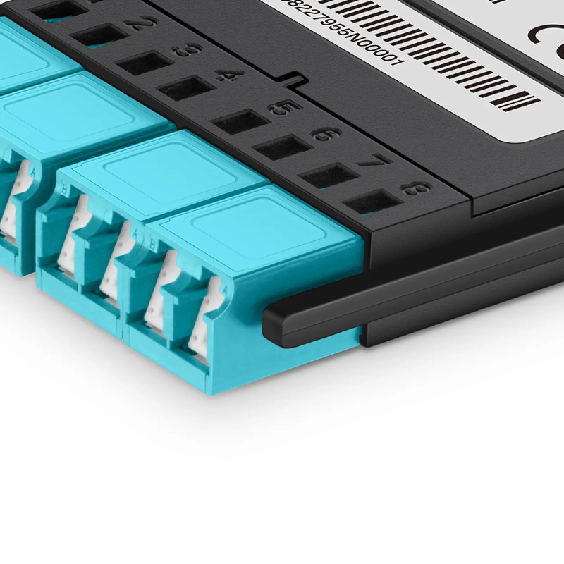 FHX™ MTP®-LC Cassette, OM4 Multimode, Universal, 8 Fibers, MTP®-8 (Male) to 4 x Shuttered LC Duplex (Aqua), 0.35dB Max.