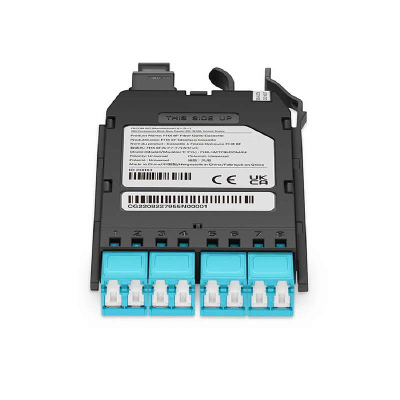 FHX™ MTP®-LC Cassette, OS2 Single Mode, Universal, 8 Fibers, MTP®-8 (Male) to 4 x Shuttered LC Duplex (Blue), 0.35dB Max.