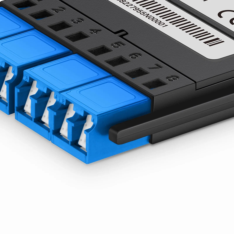 FHX™ MTP®-LC Cassette, OS2 Single Mode, Universal, 8 Fibers, MTP®-8 (Male) to 4 x Shuttered LC Duplex (Blue), 0.35dB Max.