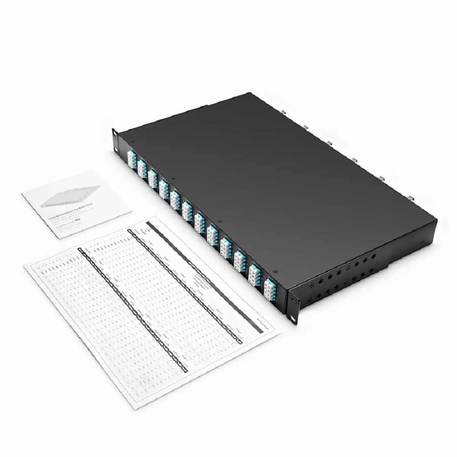FHU™ 1U MTP®-LC Cassette, OM4 Multimode, Universal, 96 Fibers, 12 x MTP®-8 (Male) to 24 x LC Quad (Aqua), 0.35dB Max.