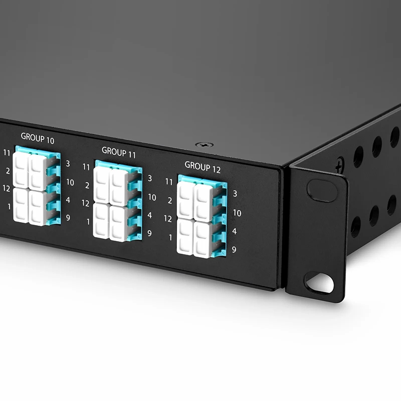 FHU™ 1U MTP®-LC Cassette, OS2 Single Mode, Universal, 96 Fibers, 12 x MTP®-8 (Male) to 24 x LC Quad (Blue), 0.35dB Max.