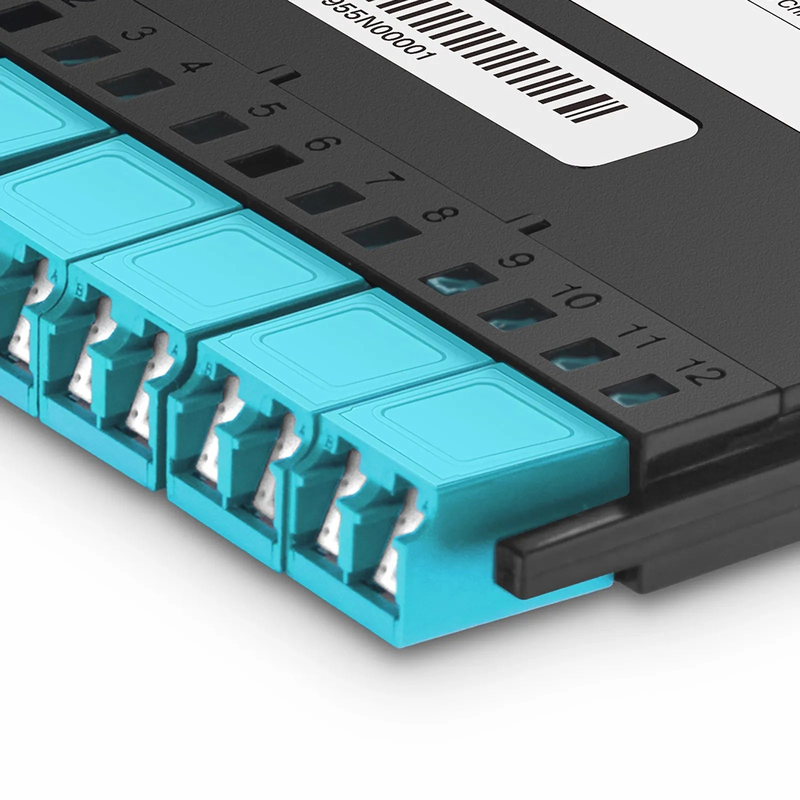 FHX™ MTP®-LC Cassette, OM4 Multimode, Universal, 12 Fibers, MTP®-12 (Male) to 6 x Shuttered LC Duplex (Aqua), 0.35dB Max.