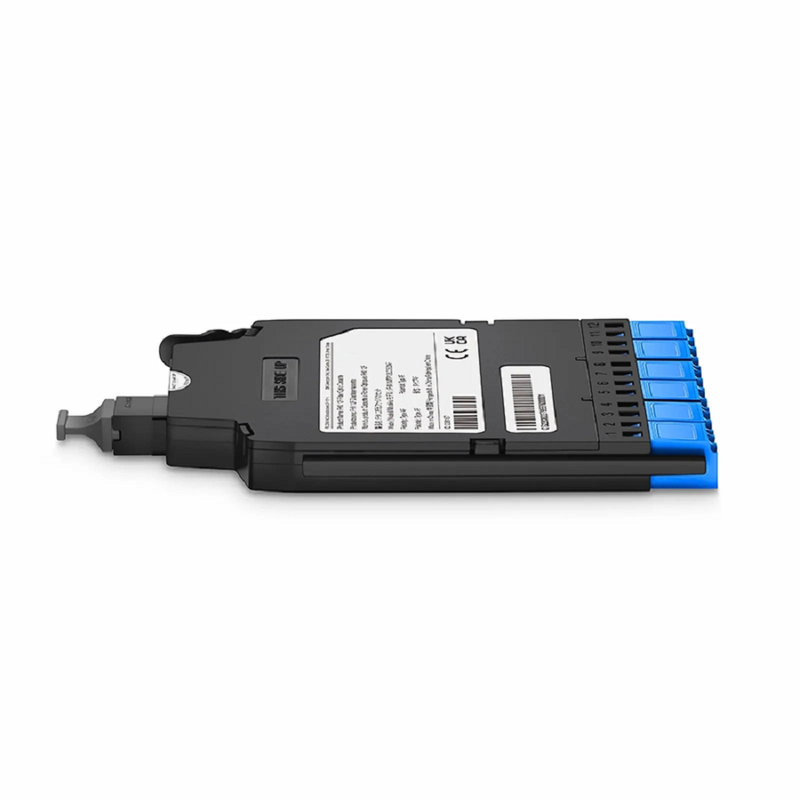 FHX™ MTP®-LC Cassette, OM4 Multimode, Type AF, 12 Fibers, MTP®-12 (Male) to 6 x Shuttered LC Duplex (Aqua), 0.35dB Max.