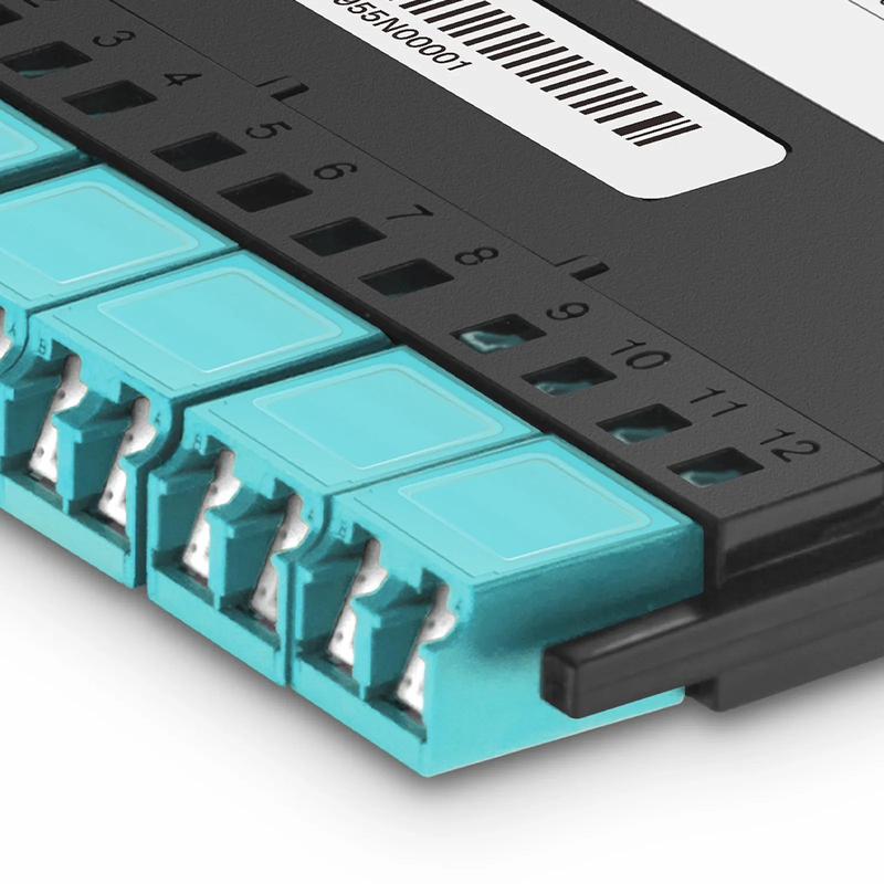 FHX™ MTP®-LC Cassette, OM4 Multimode, Type AF, 12 Fibers, MTP®-12 (Male) to 6 x Shuttered LC Duplex (Aqua), 0.35dB Max.