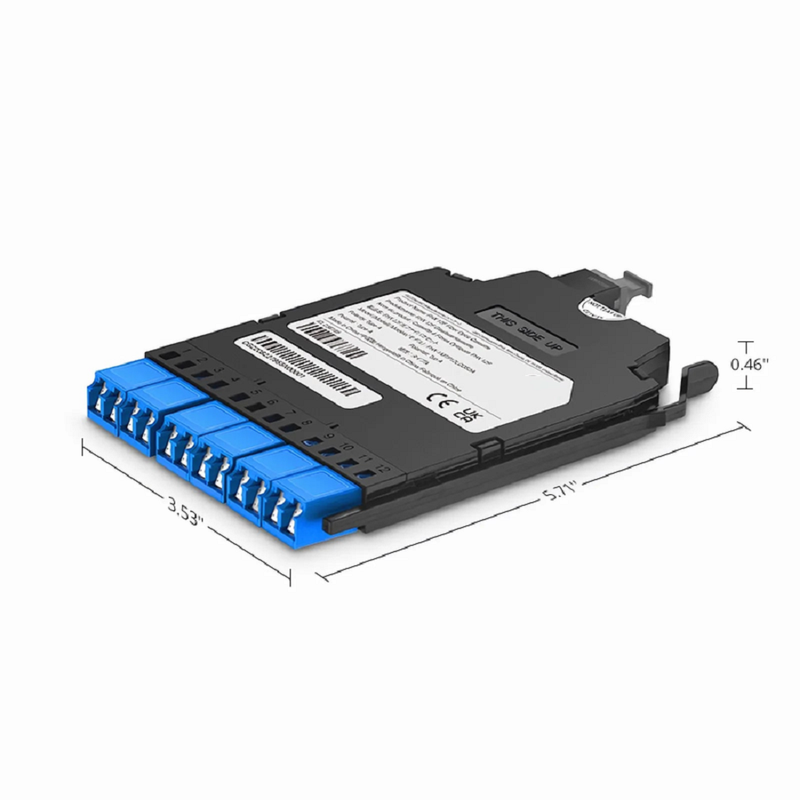 FHX™ MTP®-LC Cassette, OS2 Single Mode, Type A, 12 Fibers, MTP®-12 (Male) to 6 x Shuttered LC Duplex (Blue), 0.35dB Max.