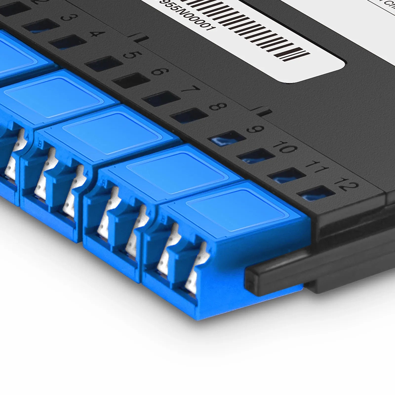 FHX™ MTP®-LC Cassette, OS2 Single Mode, Type A, 12 Fibers, MTP®-12 (Male) to 6 x Shuttered LC Duplex (Blue), 0.35dB Max.
