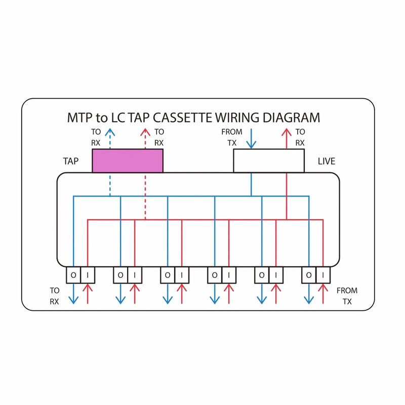 FHD™ MTP®-LC TAP Cassette, OS2 Single Mode, 6 x LC Duplex Live Ports, MTP®-12 Male Live Port, MTP®-12 Male TAP Port, 50/50 Split Ratio (Live/TAP), 10/40/100G