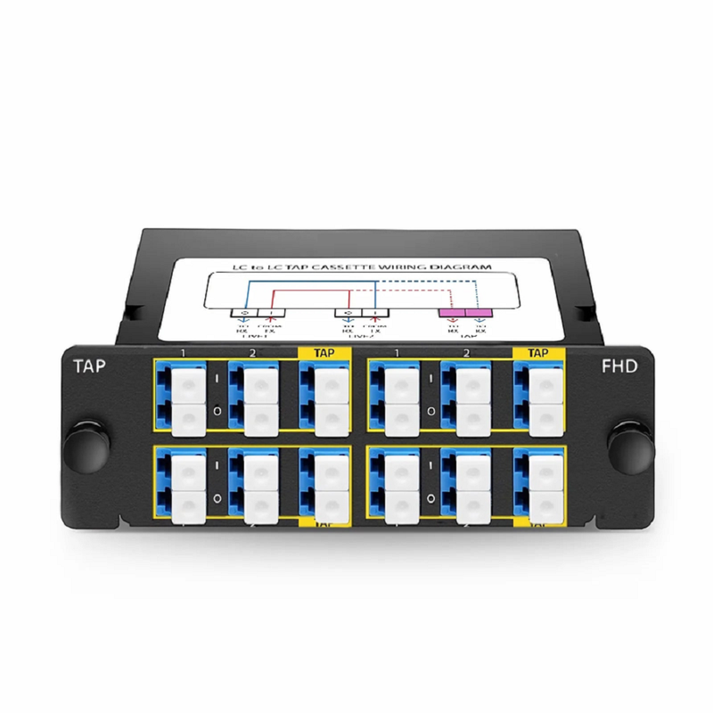 FHD™ MTP®-LC TAP Cassette, OS2 Single Mode, 4 x LC Duplex Live Ports, MTP®-8 Male Live Port, MTP®-8 Male TAP Port, 50/50 Split Ratio (Live/TAP), 10/40/100G