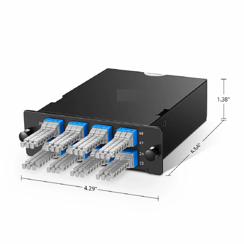 FHD™ MTP®-MDC Cassette, OS2 Single Mode, Type A, 48 Fibers, 4 x MTP®-12 (Male) to 8 x MDC 3-Port Duplex (Blue), 0.35dB Max.